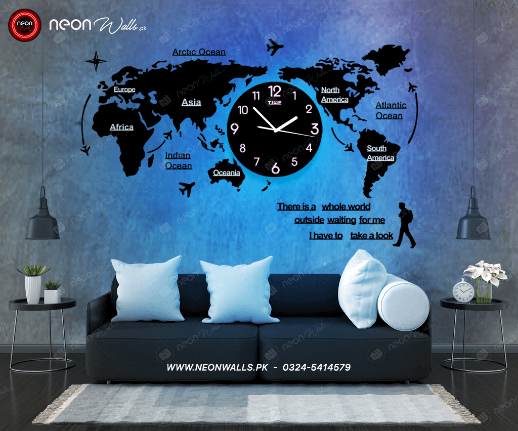 World Map Wall Clock with Neon Light (Large)